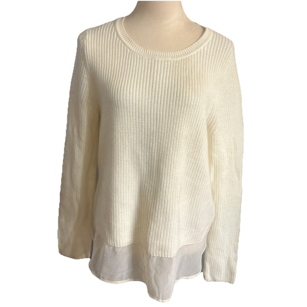 Banana Republic Women L  Ribbed Knit Layered Chiffon Hem Sweater Cream